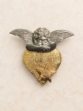 Vintage Ultra Crafts Double Signed Cherub Heart Brooch Gold Silver Tone Angel